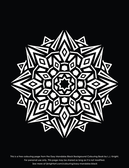 Free abstract black background mandala printable colouring page