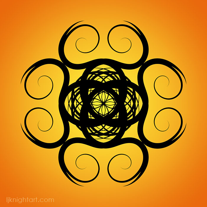 Black mandala on yellow and orange gradient background by L.J. Knight