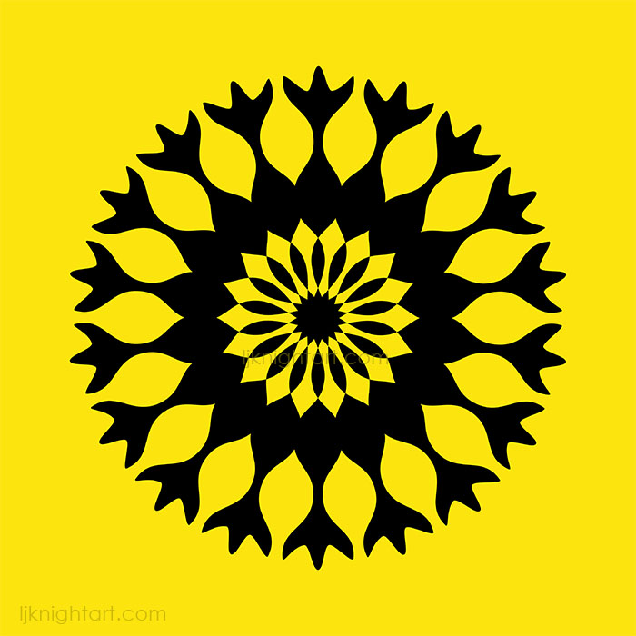 Black mandala on yellow background by L.J. Knight