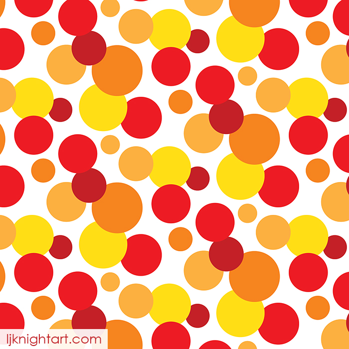 Fun, bold red, yellow and orange spot pattern with irregular colourful dots on a  white background by L.J. Knight
