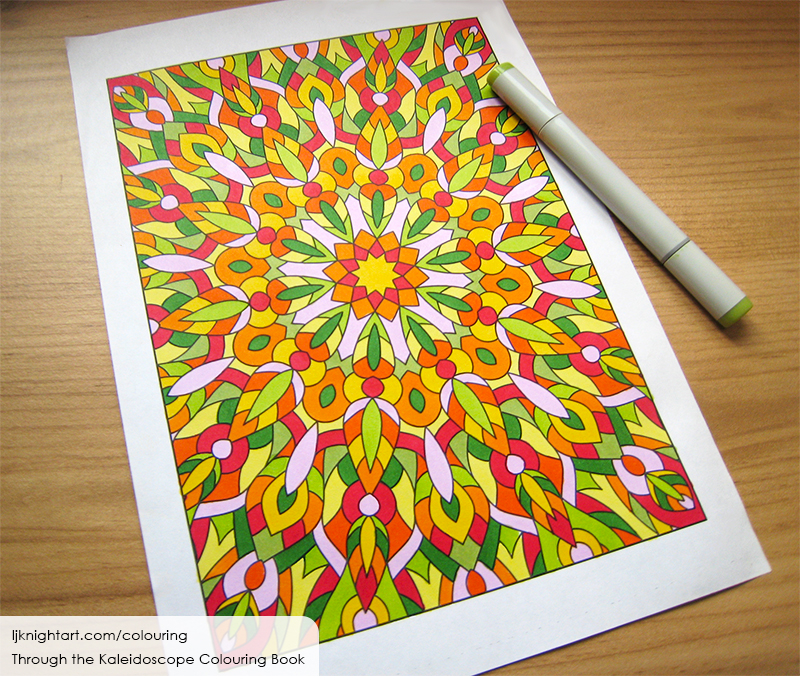 Coloured abstract kaleidoscope colouring page