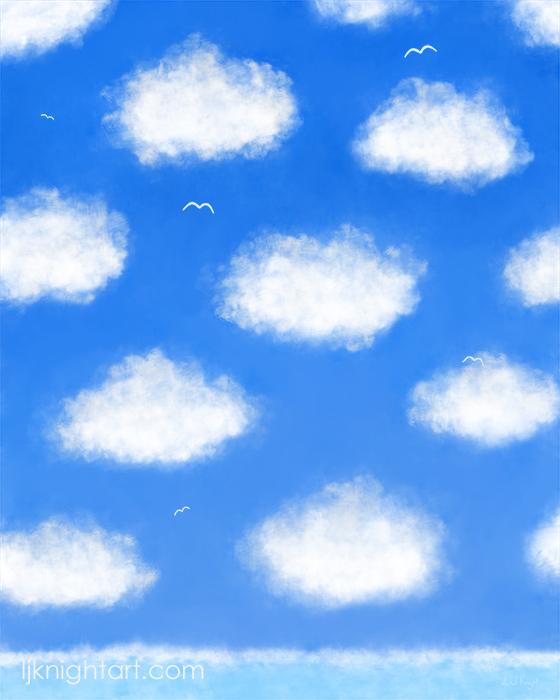 Sea, Sky and Clouds - digital painting in blue and white by L.J. Knight