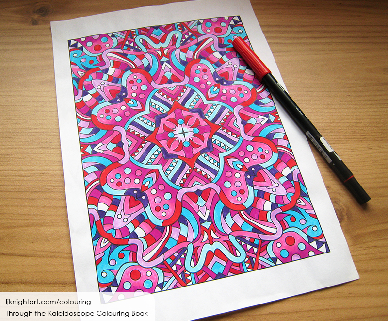 Coloured kaleidoscope colouring page in blue and pink