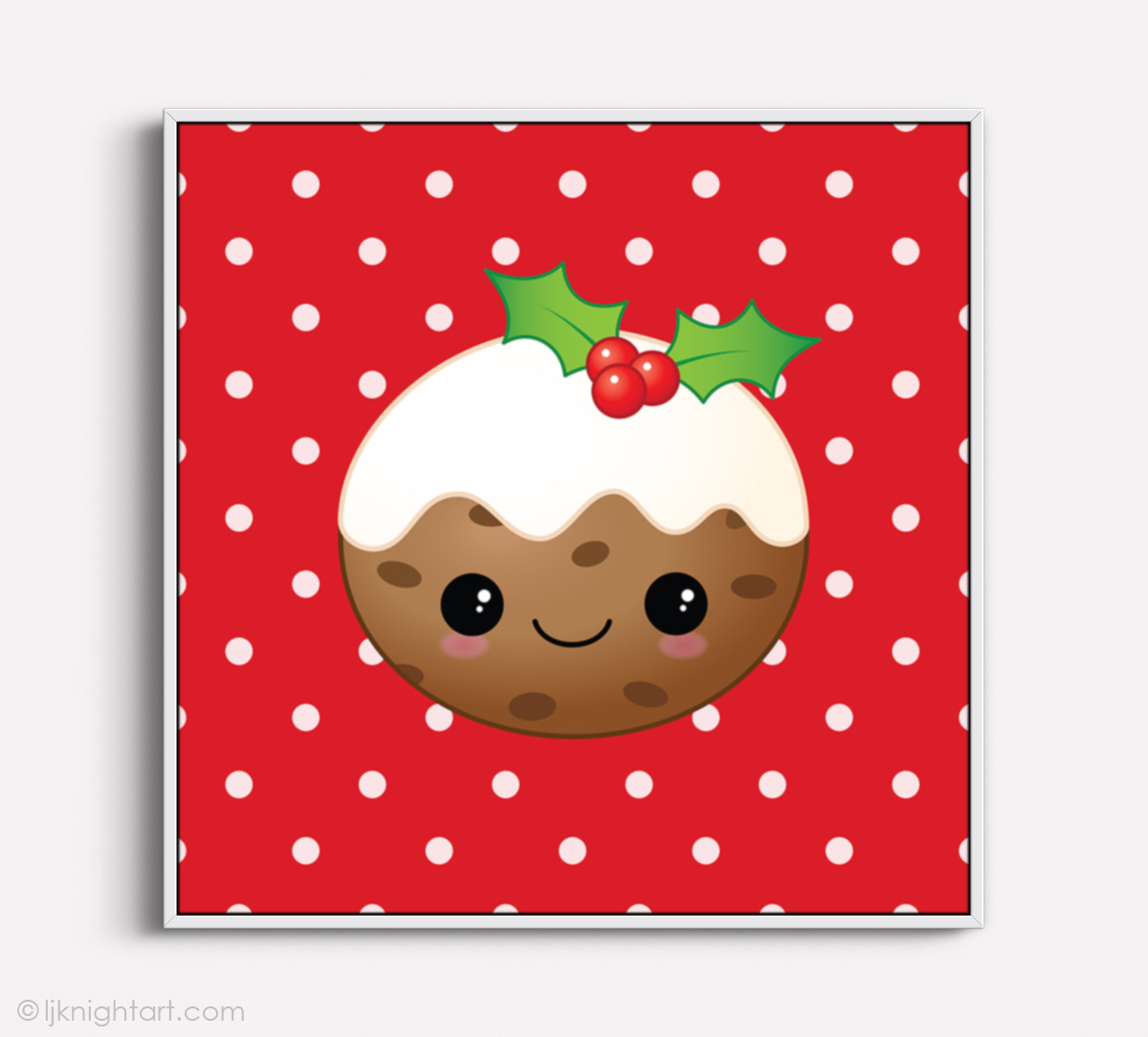 Floating canvas print with cute kawaii Christmas pudding drawing