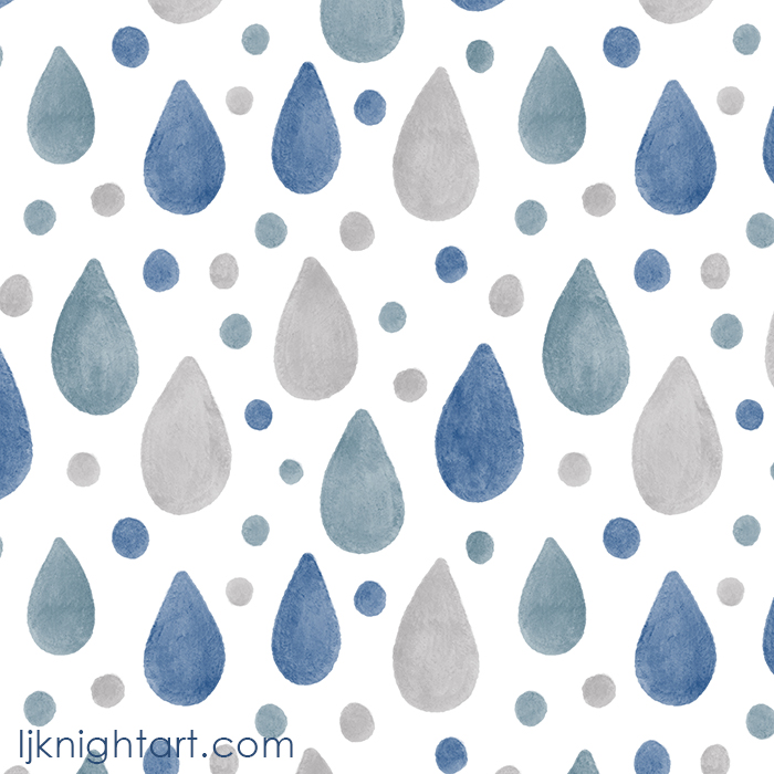 Blue, grey and white watercolour raindrops repeating pattern by L.J. Knight