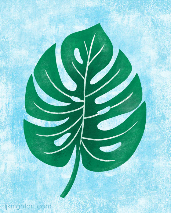 Green Monstera tropical leaf art by L.J. Knight