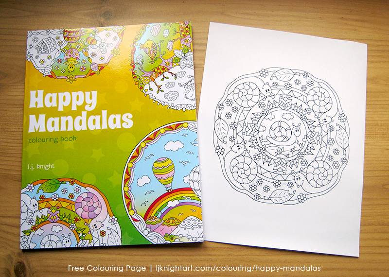 Free cute snail colouring page for kids and adults, from the Happy Mandalas Colouring Book by L.J. Knight