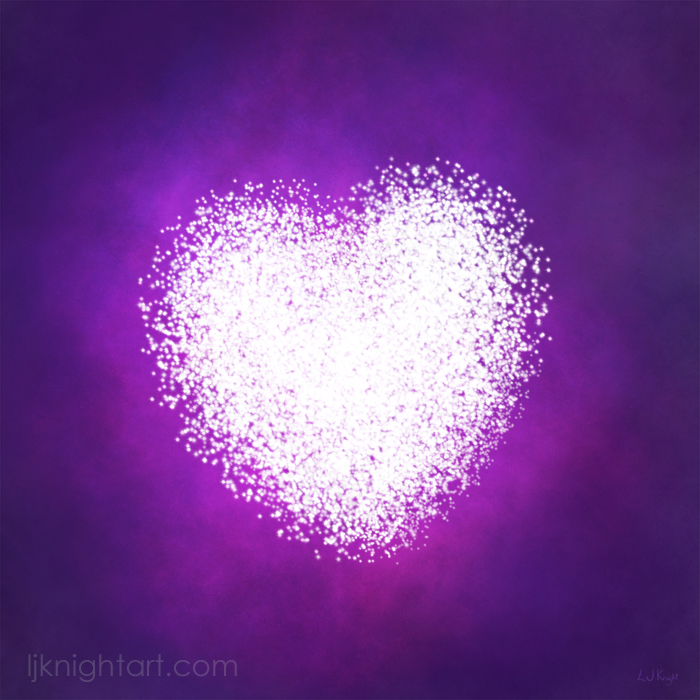 Glowing white heart art on purple night sky background by L.J. Knight