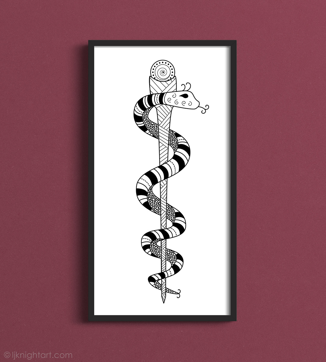 Monochrome wall art with a drawing of the Rod of Ascelpius, featuring a snake wrapped around a staff