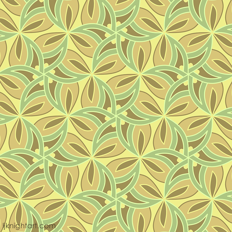 Green, brown, orange and yellow geometric repeating pattern by L.J. Knight