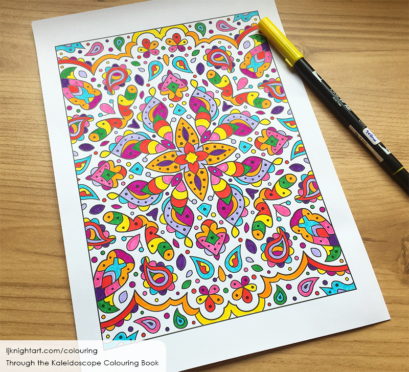 Coloured kaleidoscope colouring page