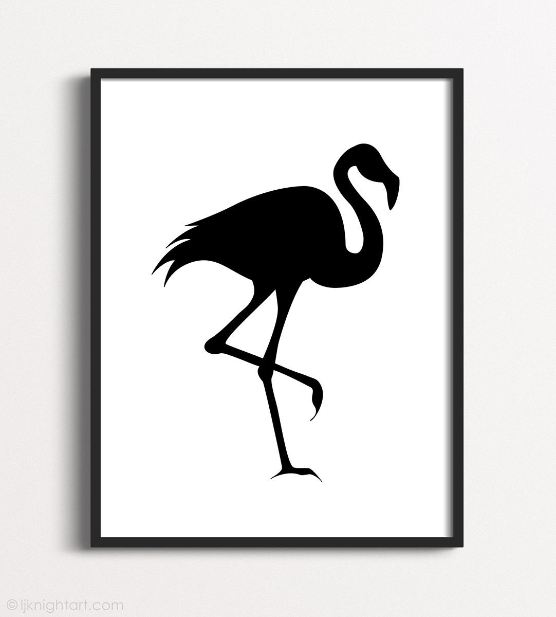 Elegant minimal bird drawing with a black flamingo silhouette and white background