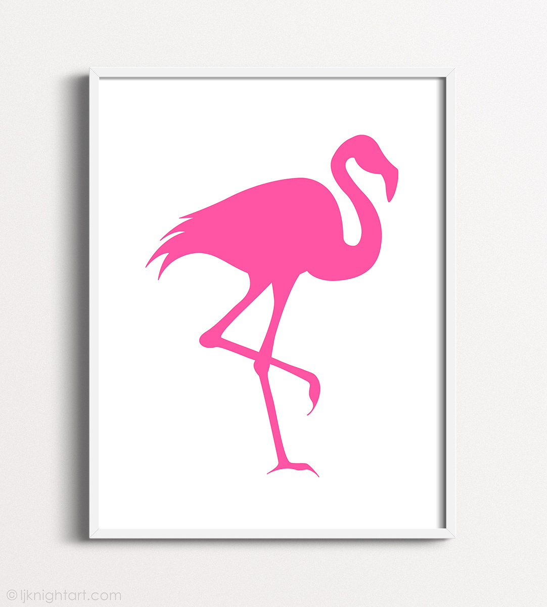 Monochrome wall art with an elegant flamingo silhouette in hot pink against a simple white background