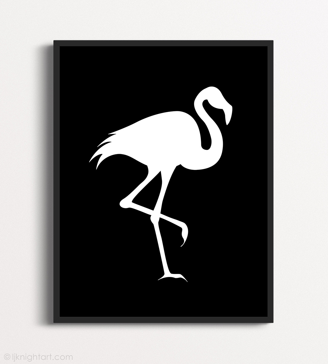 Framed bird art print  with a white flamingo silhouette on a dramatic black background