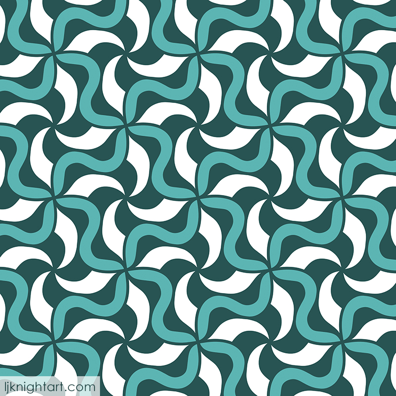 Teal green and white abstract swirling geometric pattern by L.J. Knight
