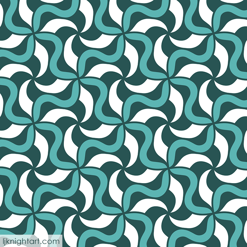 Teal green and white abstract swirling geometric pattern by L.J. Knight