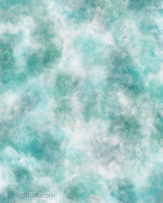 Cloudy digital abstract painting in teal, turquoise and white, by L.J. Knight