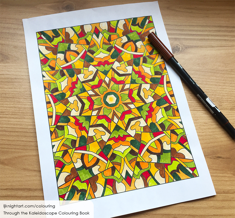 Coloured kaleidoscope adult colouring page