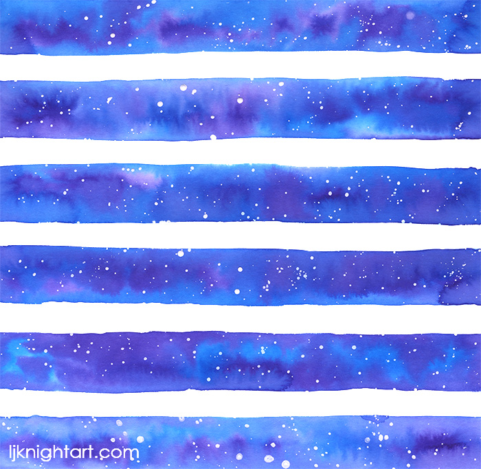 Blue and white watercolour galaxy painted stripe pattern by L.J. Knight