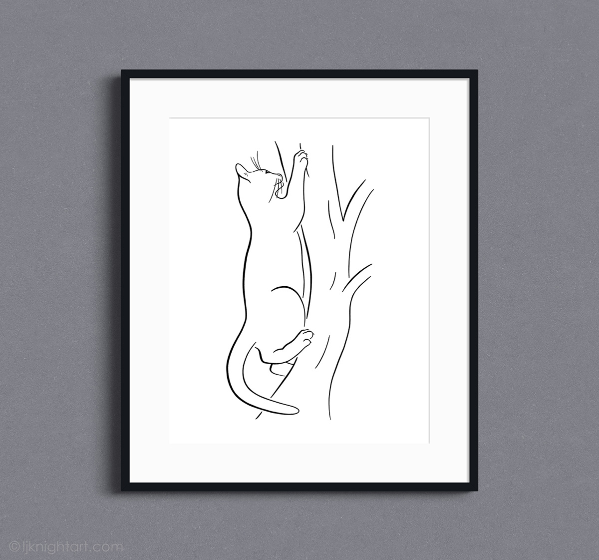 Cat Climbing a Tree - modern line art drawing by L.J. Knight