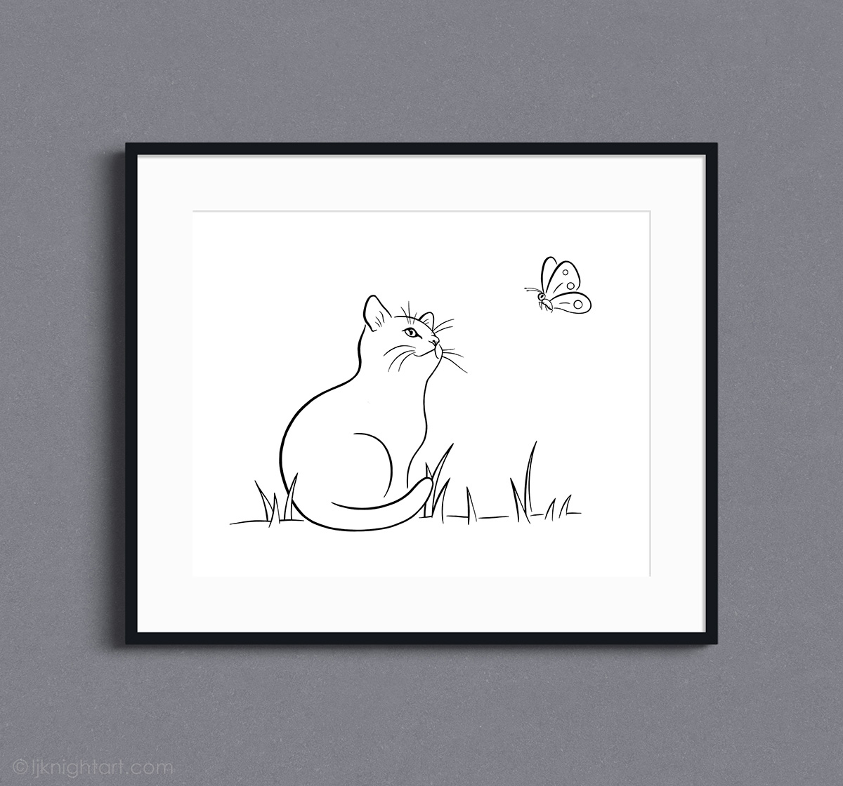 Curious Kitten Watching a Butterfly - modern minimalist animal drawing by L.J. Knight