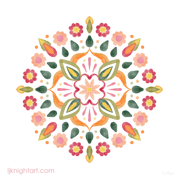 Watercolour flower mandala art by L.J. Knight