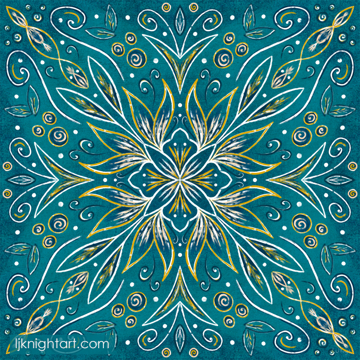 Teal green ornamental mandala art by L.J. Knight