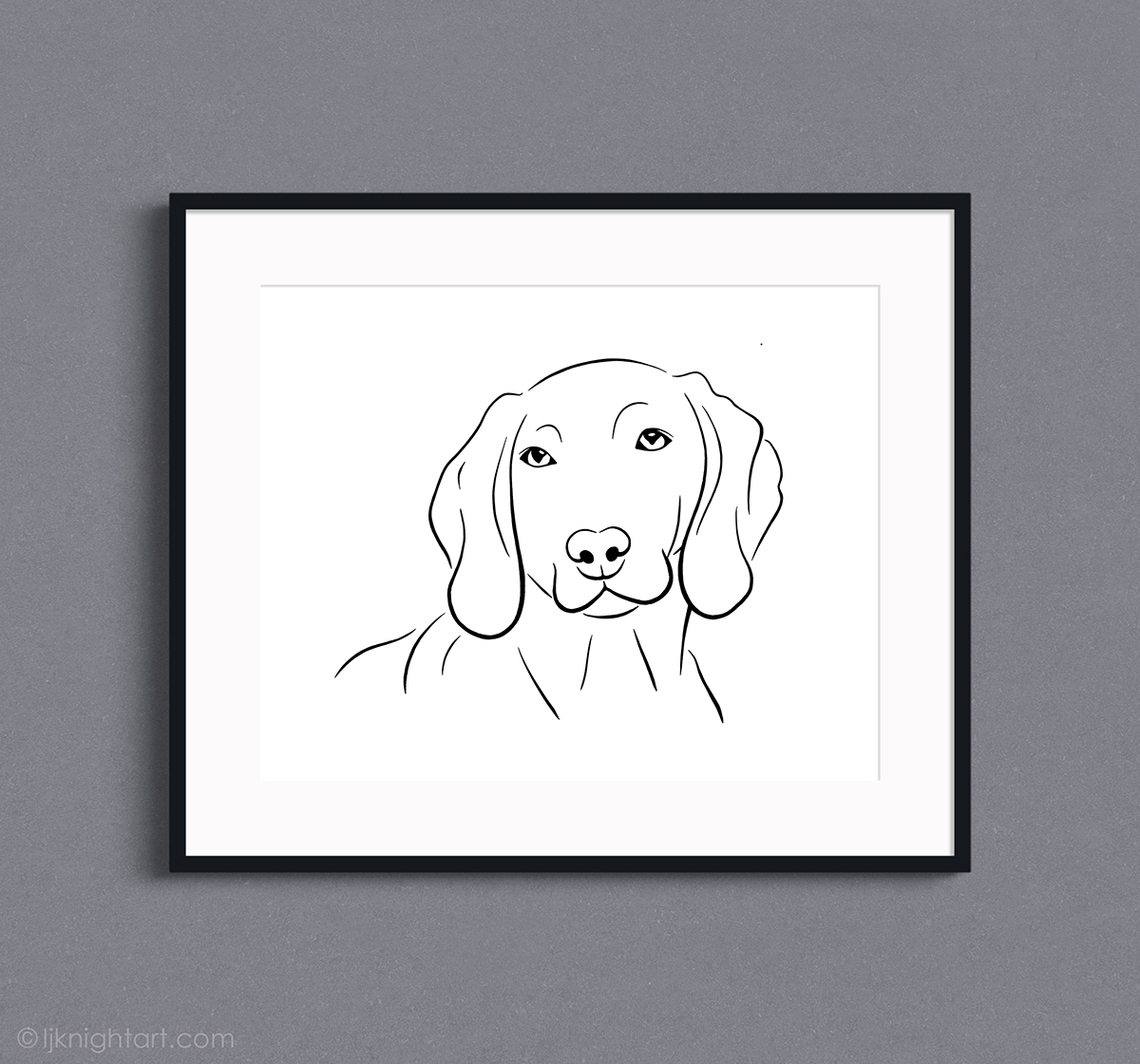 Black and white minimalist line drawing portrait of a Weimaraner dog - contemporary animal art by L.J. Knight