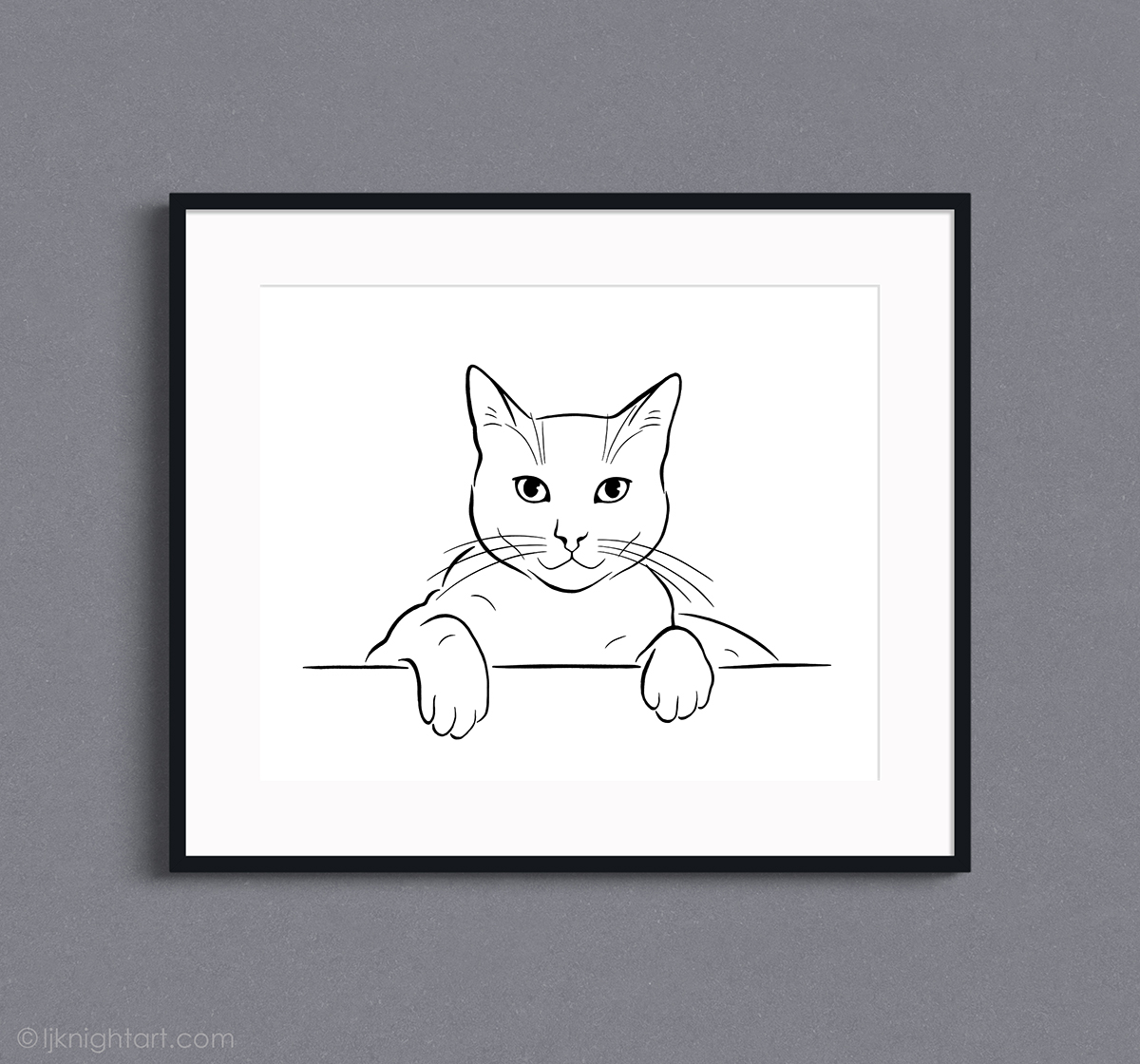 Black and white line art drawing of a cat face by L.J. Knight