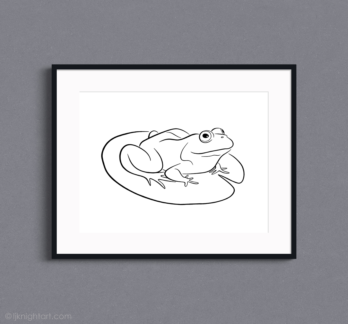 Black and white line drawing of a frog sitting on a lily pad - contemporary animal art by L.J. Knight
