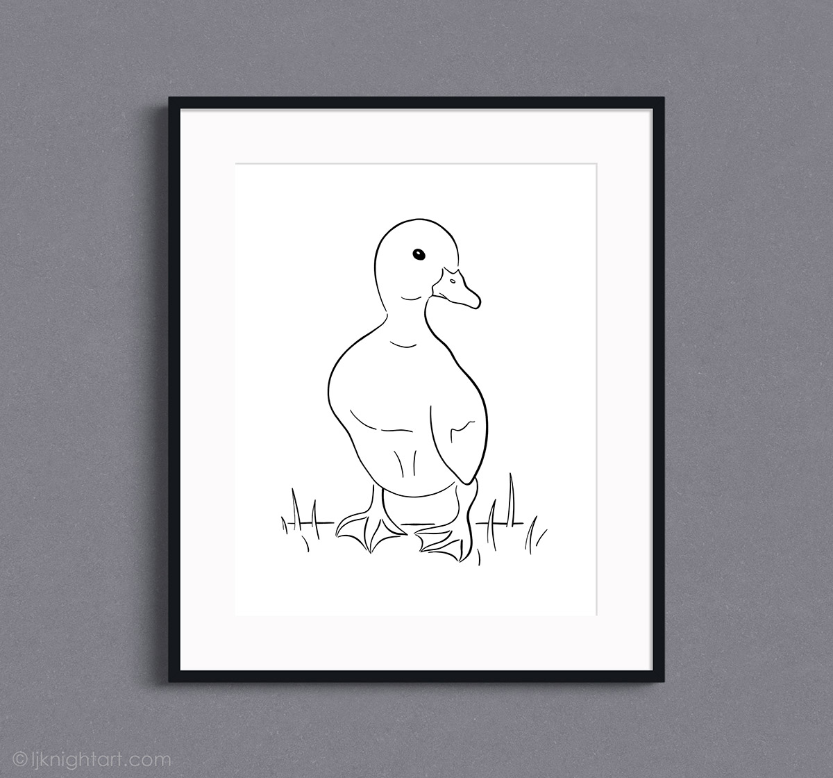 Black and white line drawing of a duckling - contemporary bird art by L.J. Knight