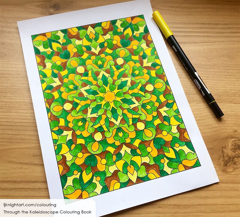 Coloured abstract kaleidoscope mandala colouring page