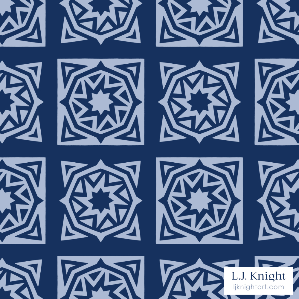 Modern minimalist cheater quilt fabric pattern with bold geometric mandala design in navy blue, by L.J. Knight