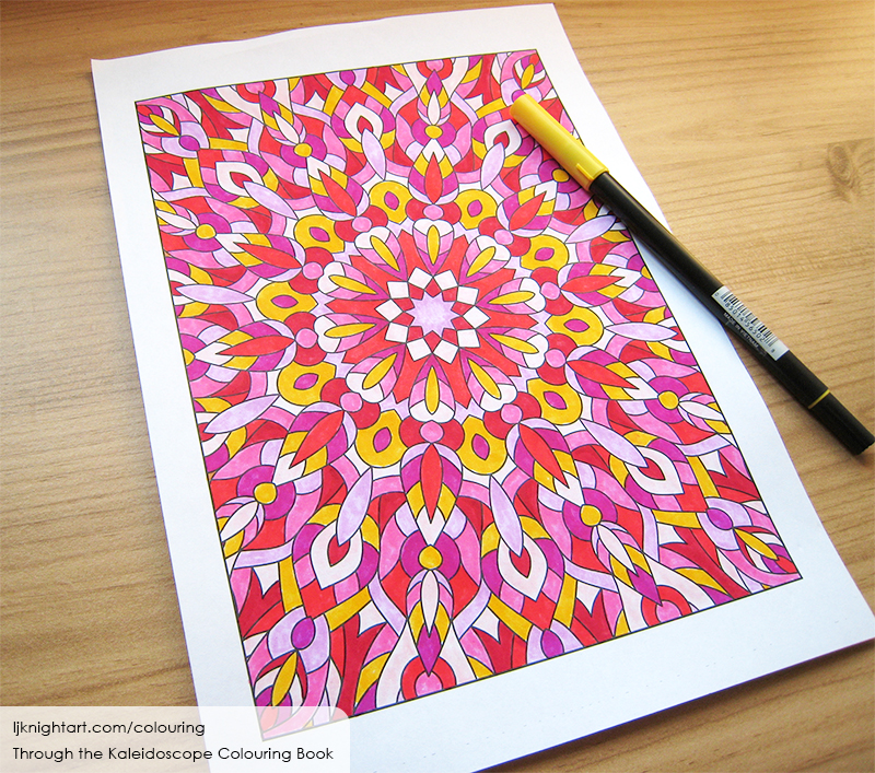 Coloured abstract kaleidoscope mandala colouring page in pink & yellow