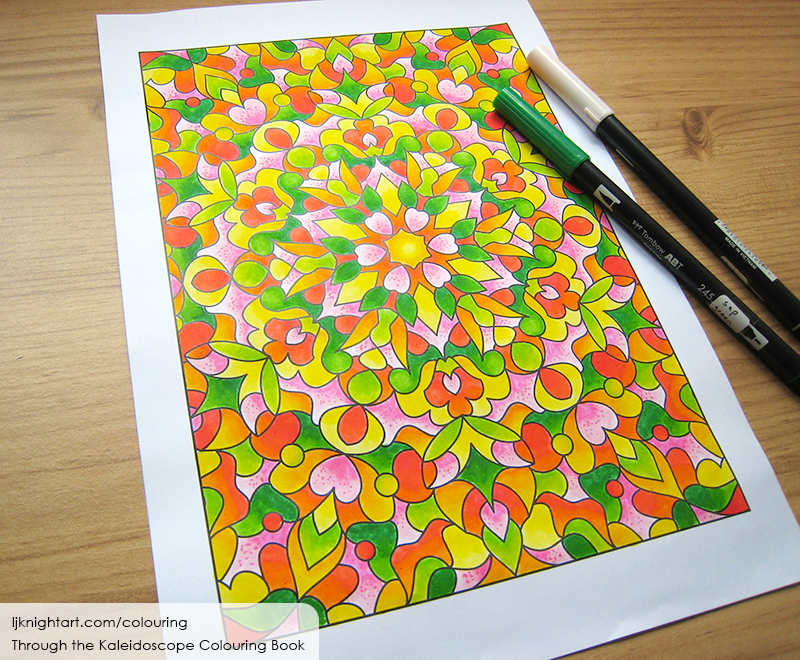 Coloured kaleidoscope colouring page  in green, pink and yellow