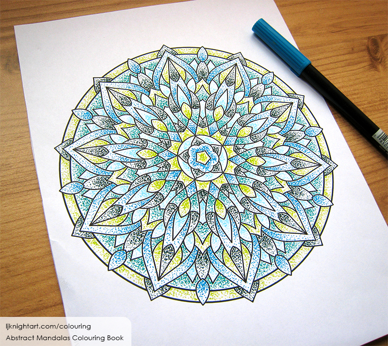 Blue and green stippled mandala colouring page