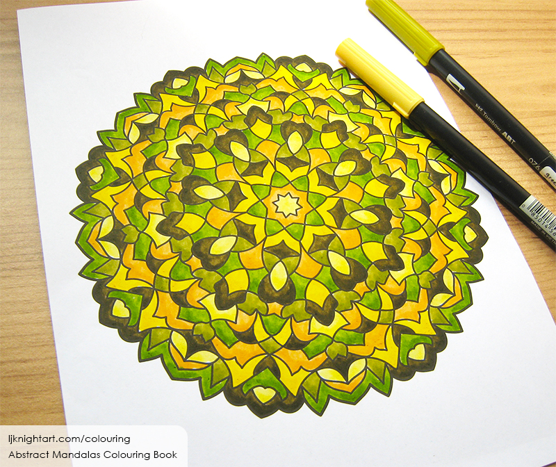 Green, orange and brown mandala colouring page