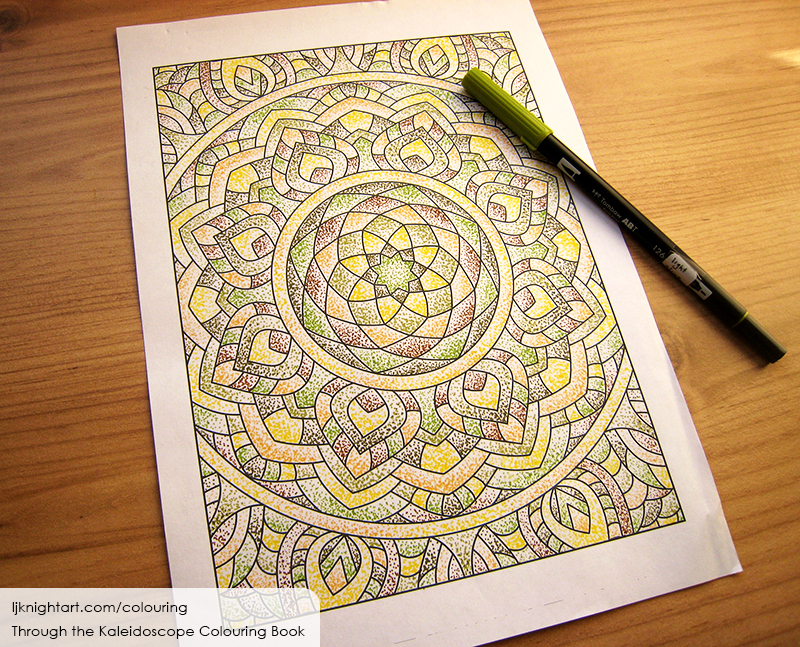 Coloured abstract kaleidoscope mandala colouring page