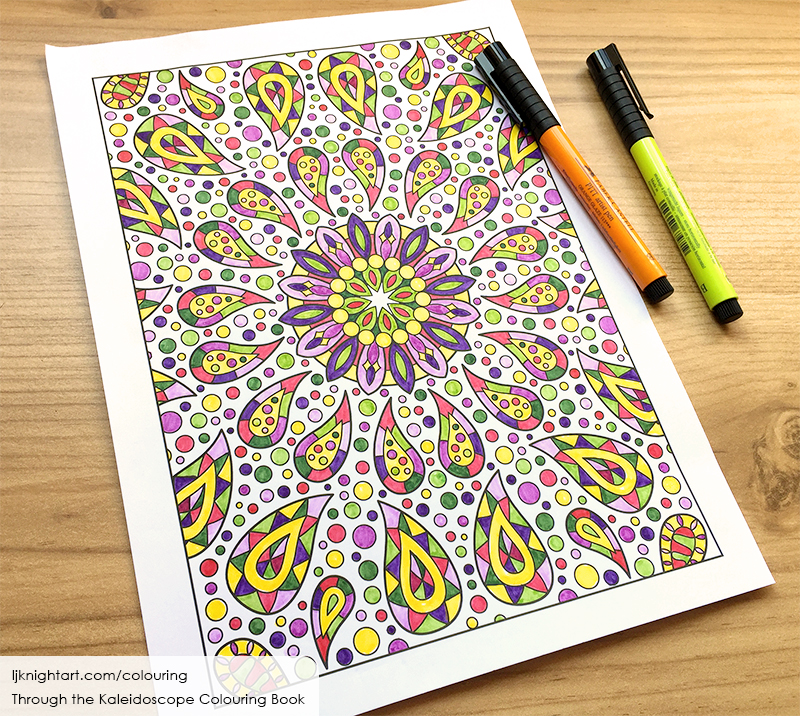 Coloured abstract kaleidoscope mandala colouring page