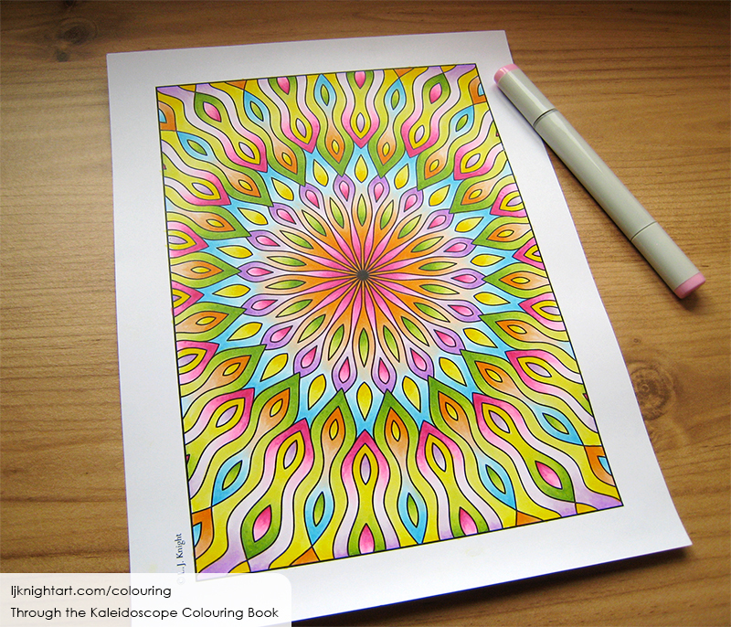 Coloured abstract kaleidoscope mandala colouring page