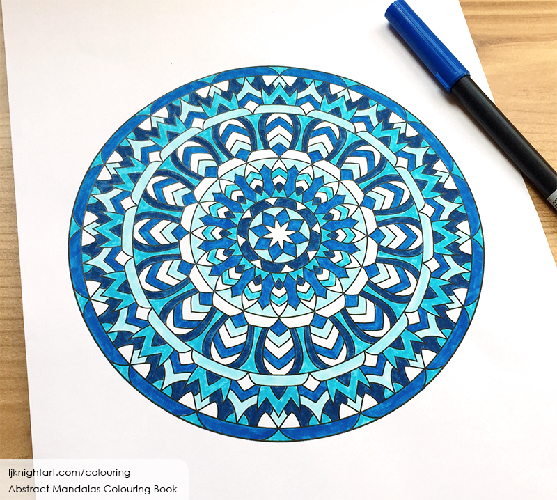 Blue and white mandala adult colouring page