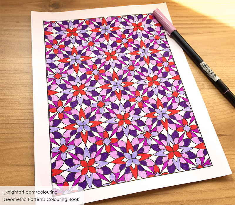 Coloured geometric pattern adult colouring page