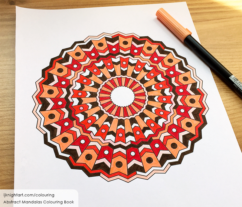 Red, peach and brown abstract mandala adult colouring page by L.J. Knight