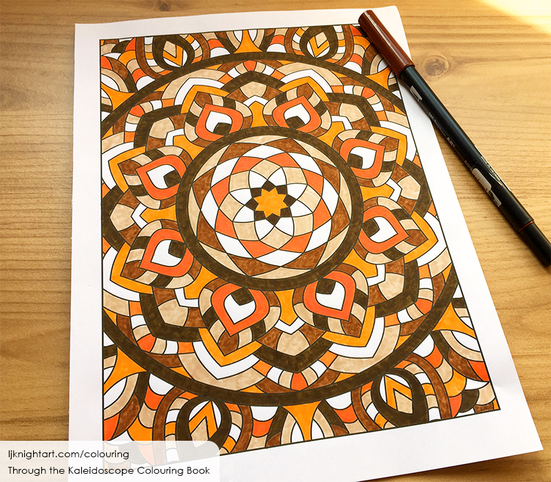 Orange and brown abstract kaleidoscope adult colouring page by L.J. Knight
