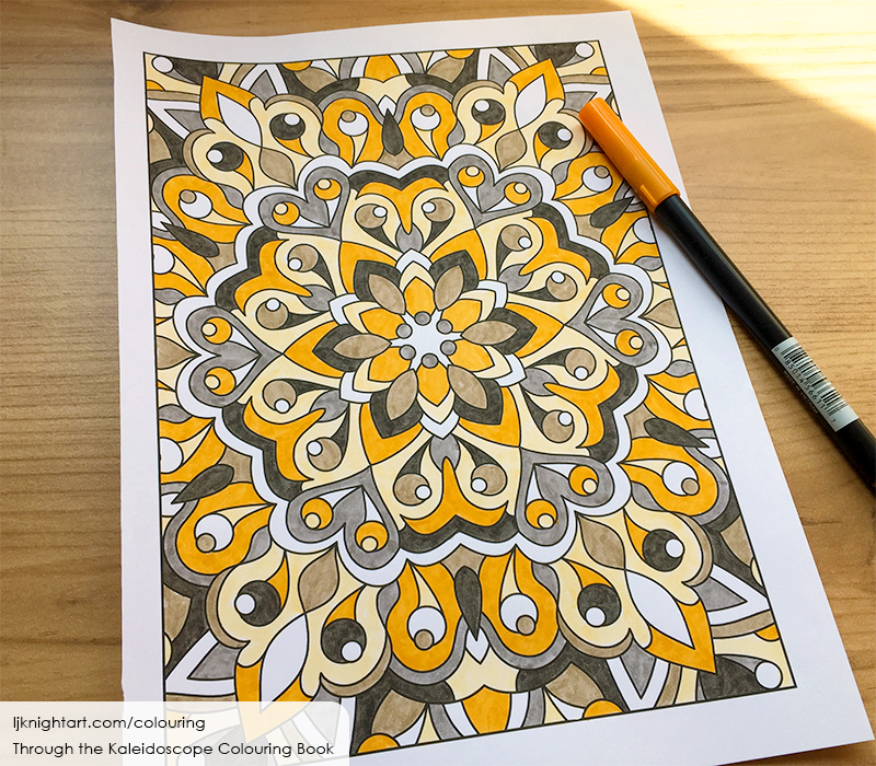 Orange and brown abstract kaleidoscope adult colouring page by L.J. Knight