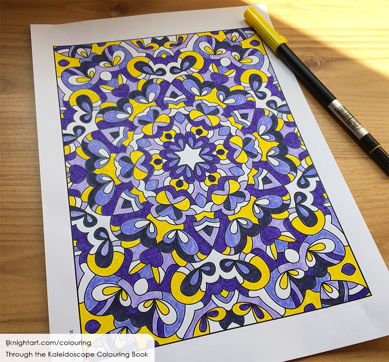 Coloured abstract kaleidoscope in purple and yellow, by L.J. Knight