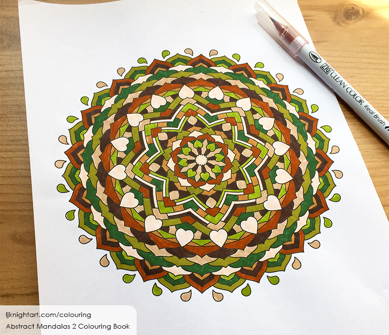 Brown and green mandala colouring page by L.J. Knight