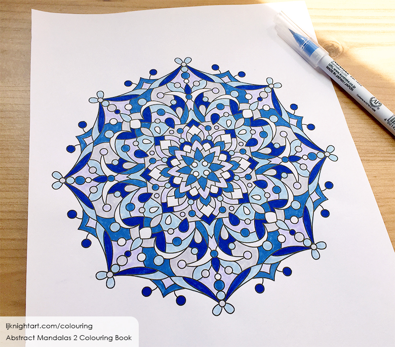 Blue and grey abstract mandala colouring page by L.J. Knight