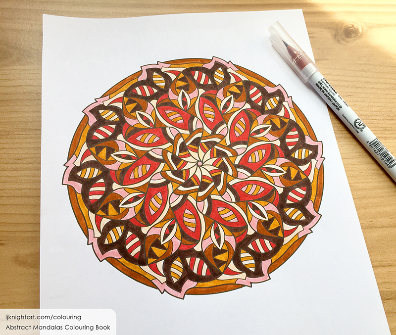 Brown and red abstract mandala colouring page by L.J. Knight