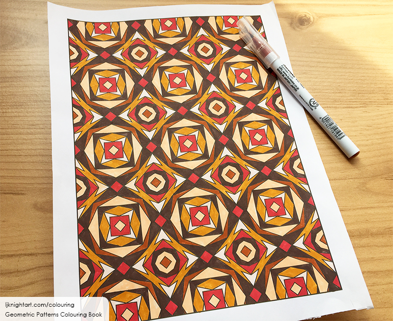 Coloured geometric pattern adult colouring page by L.J. Knight